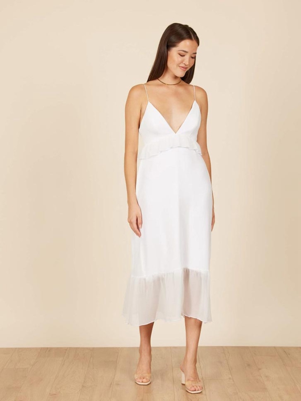 Park & Fifth Co. Bridal White V-Neck Ruffle Chiffon Midi Sinclair Dress - Small